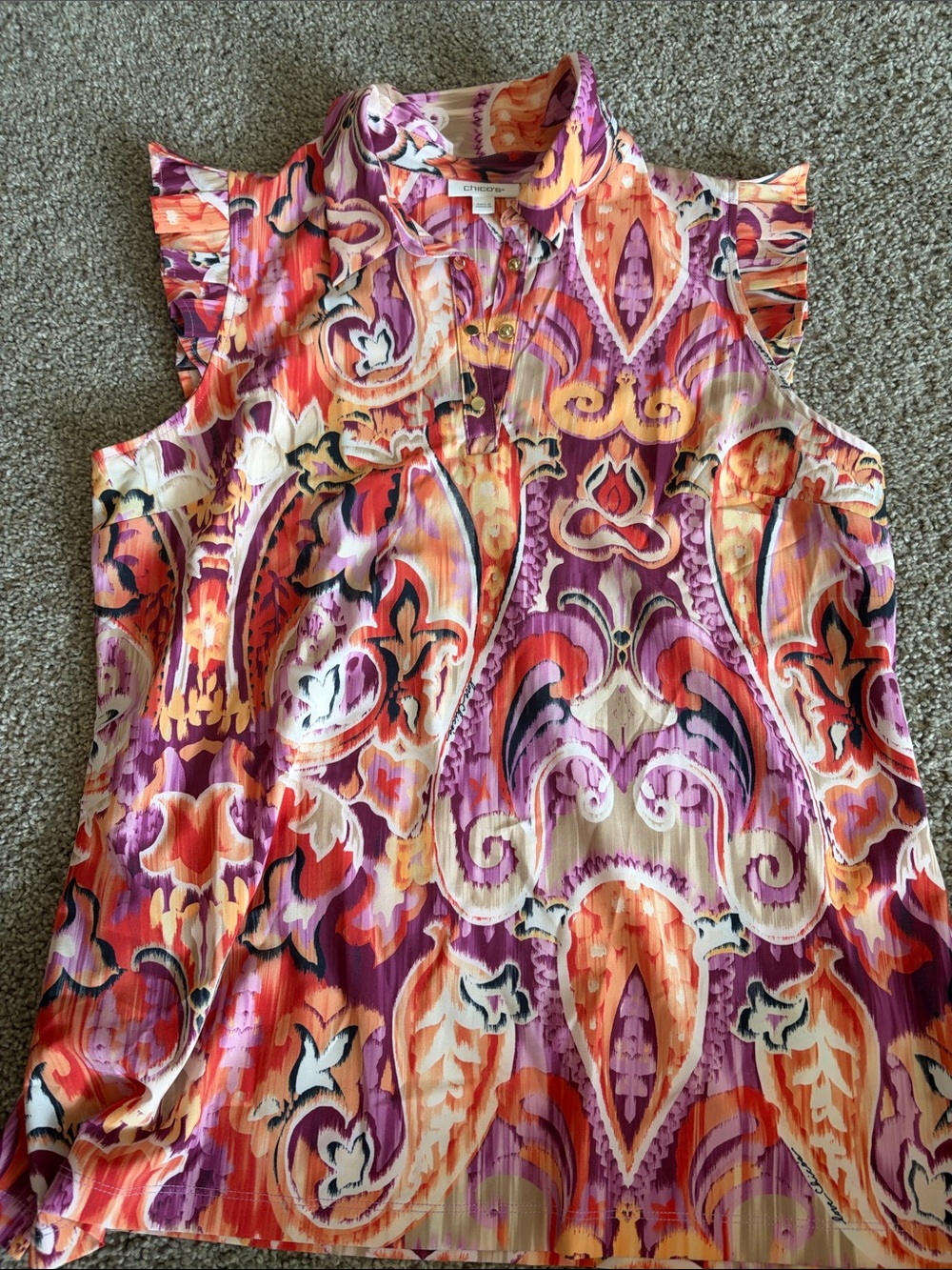 Chico's Sleeveless Collared Blouse in Purple, Orange & Cream